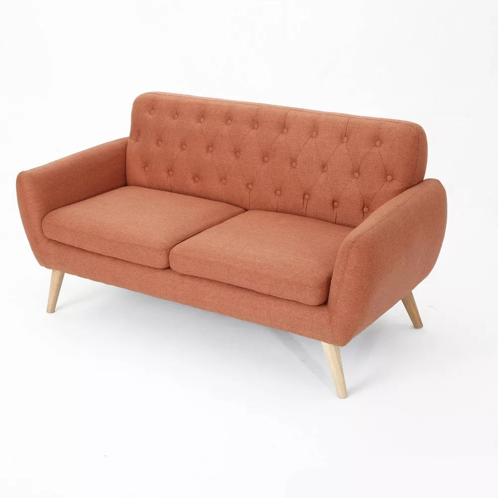 Mid Century Modern Tufted Burnt Orange Fabric Sofa