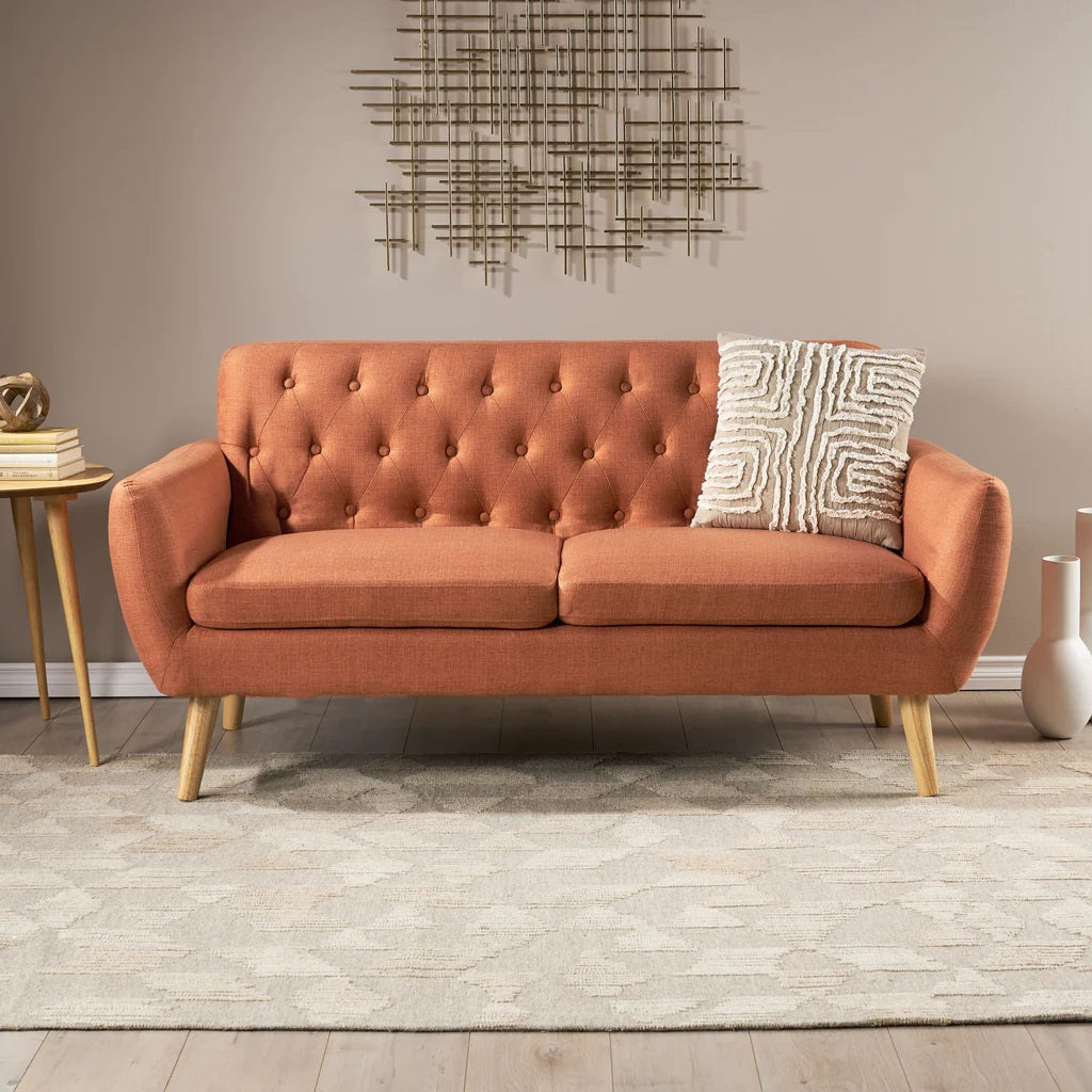 Mid Century Modern Tufted Burnt Orange Fabric Sofa